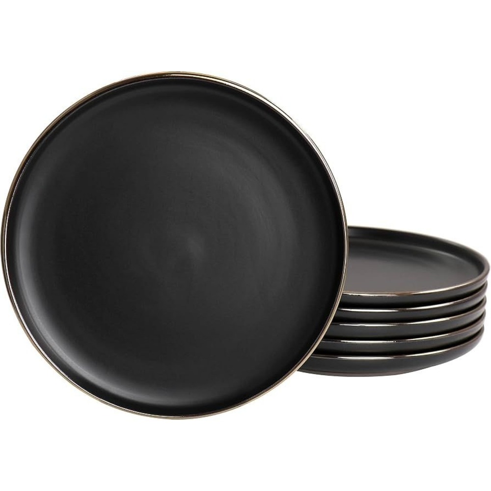 Elama Paul 6 Piece Stoneware Salad Plate Set of 6 Matte Black Gold Rim 8 Inch